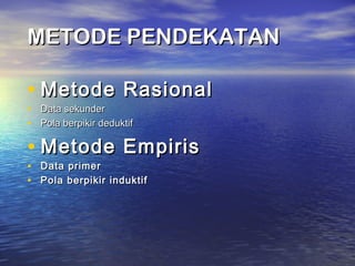 METODE PENDEKATANMETODE PENDEKATAN
• Metode RasionalMetode Rasional
• Data sekunderData sekunder
• Pola berpikir deduktifPola berpikir deduktif
• Metode EmpirisMetode Empiris
• Data primerData primer
• Pola berpikir induktifPola berpikir induktif
 