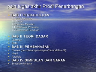 pola tugas akhir Prodi Penerbanganpola tugas akhir Prodi Penerbangan
• BAB I PENDAHULUANBAB I PENDAHULUAN
1.11.1 LatarLatar BBelakangelakang
1.2 Tujuan1.2 Tujuan
1.3 Batasan Masalah1.3 Batasan Masalah
1.4 Metodologi Penelitian1.4 Metodologi Penelitian
1.5 Sistematika Penulisan1.5 Sistematika Penulisan
• BAB IIBAB II TEORI DASARTEORI DASAR
• LiteraturLiteratur
• DataData
• BAB IIIBAB III PEMBAHASANPEMBAHASAN
• Proses (percobaan/penerapan/pemodelan dll)Proses (percobaan/penerapan/pemodelan dll)
• HasilHasil
• AnalisisAnalisis
• BAB IV SIMPULAN DAN SARANBAB IV SIMPULAN DAN SARAN
• Simpulan dan saraSimpulan dan sara
 