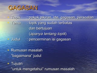 GAGASANGAGASAN
• TopikTopik : pokok pikiran, ide, gagasan, persoalan: pokok pikiran, ide, gagasan, persoalan
• TemaTema : topik yang sudah terbatas: topik yang sudah terbatas
dan bertujuandan bertujuan
((apanya tentang topikapanya tentang topik))
• JudulJudul : pencerminan isi gagasan: pencerminan isi gagasan
• Rumusan masalahRumusan masalah
““bagaimana” judulbagaimana” judul
• TujuanTujuan
““untuk mengetahui” rumusan masalahuntuk mengetahui” rumusan masalah
 