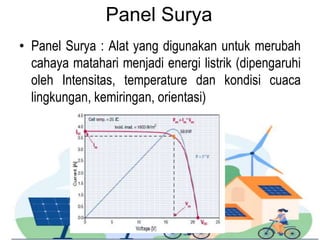 Panel Surya
• Panel Surya : Alat yang digunakan untuk merubah
cahaya matahari menjadi energi listrik (dipengaruhi
oleh Intensitas, temperature dan kondisi cuaca
lingkungan, kemiringan, orientasi)
 