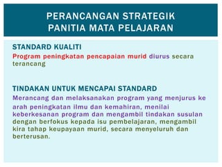 STANDARD KUALITI
Program peningkatan pencapaian murid diurus secara
terancang
TINDAKAN UNTUK MENCAPAI STANDARD
Merancang dan melaksanakan program yang menjurus ke
arah peningkatan ilmu dan kemahiran, menilai
keberkesanan program dan mengambil tindakan susulan
dengan berfokus kepada isu pembelajaran, mengambil
kira tahap keupayaan murid, secara menyeluruh dan
berterusan.
PERANCANGAN STRATEGIK
PANITIA MATA PELAJARAN
 