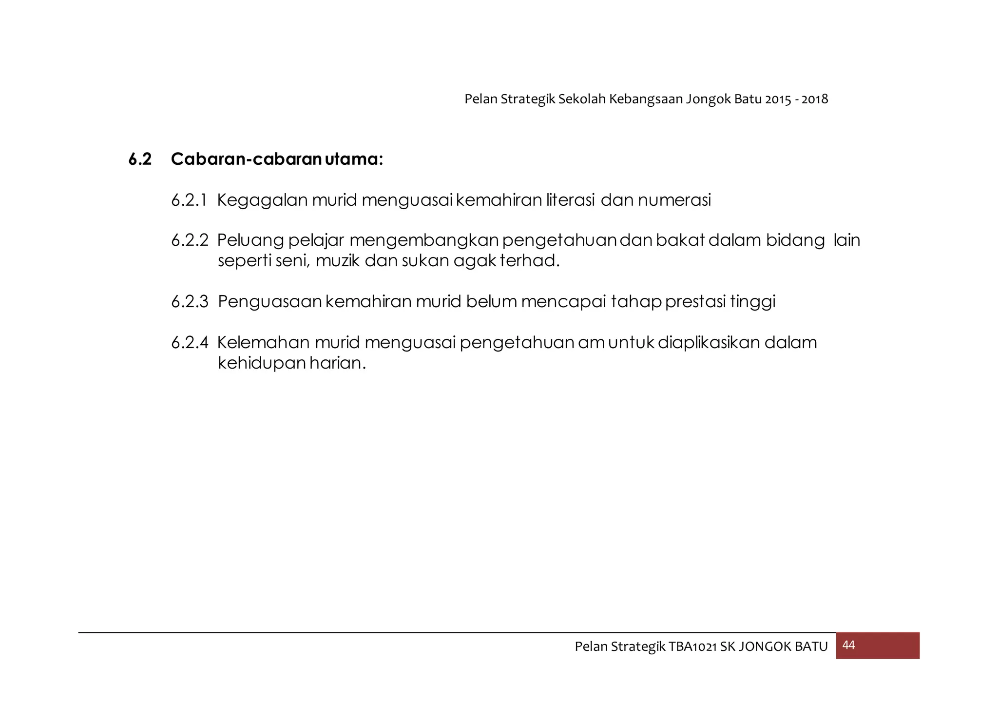 Pelan Strategik Sekolah Kebangsaan Jongok Batu 2015 - 2018
Pelan Strategik TBA1021 SK JONGOK BATU 44
6.2 Cabaran-cabaranutama:
6.2.1 Kegagalan murid menguasai kemahiran literasi dan numerasi
6.2.2 Peluang pelajar mengembangkan pengetahuandan bakat dalam bidang lain
seperti seni, muzik dan sukan agak terhad.
6.2.3 Penguasaan kemahiran murid belum mencapai tahap prestasi tinggi
6.2.4 Kelemahan murid menguasai pengetahuan am untuk diaplikasikan dalam
kehidupan harian.
 