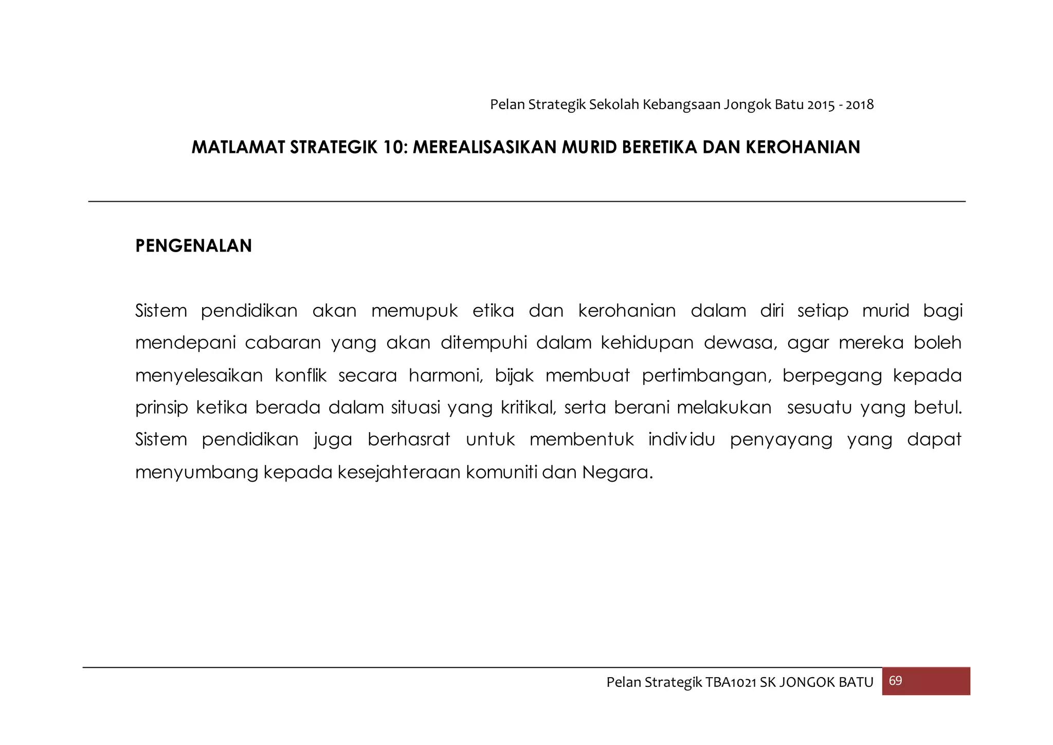 Pelan Strategik Sekolah Kebangsaan Jongok Batu 2015 - 2018
Pelan Strategik TBA1021 SK JONGOK BATU 69
MATLAMAT STRATEGIK 10: MEREALISASIKAN MURID BERETIKA DAN KEROHANIAN
PENGENALAN
Sistem pendidikan akan memupuk etika dan kerohanian dalam diri setiap murid bagi
mendepani cabaran yang akan ditempuhi dalam kehidupan dewasa, agar mereka boleh
menyelesaikan konflik secara harmoni, bijak membuat pertimbangan, berpegang kepada
prinsip ketika berada dalam situasi yang kritikal, serta berani melakukan sesuatu yang betul.
Sistem pendidikan juga berhasrat untuk membentuk individu penyayang yang dapat
menyumbang kepada kesejahteraan komuniti dan Negara.
 