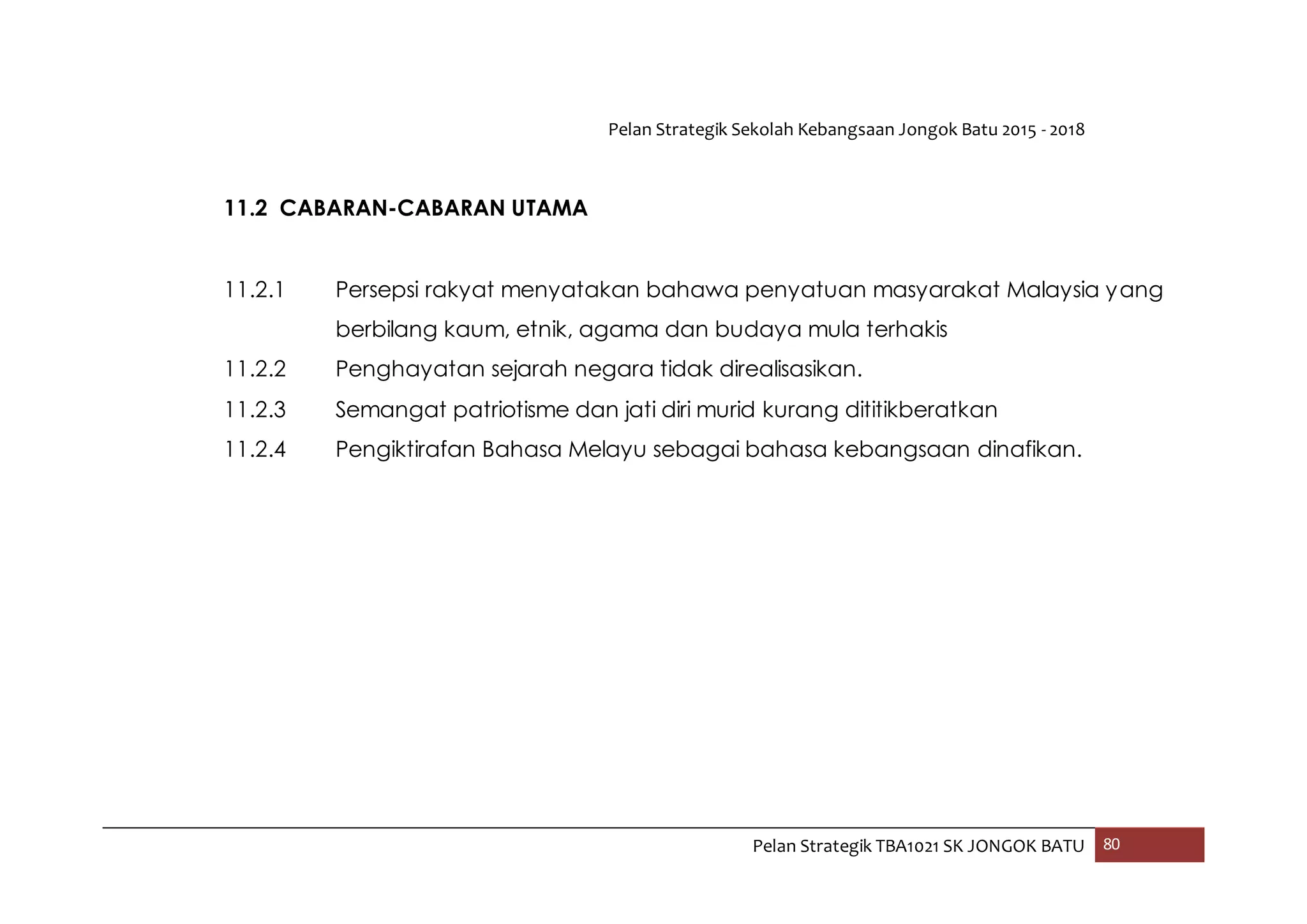 Pelan Strategik Sekolah Kebangsaan Jongok Batu 2015 - 2018
Pelan Strategik TBA1021 SK JONGOK BATU 80
11.2 CABARAN-CABARAN UTAMA
11.2.1 Persepsi rakyat menyatakan bahawa penyatuan masyarakat Malaysia yang
berbilang kaum, etnik, agama dan budaya mula terhakis
11.2.2 Penghayatan sejarah negara tidak direalisasikan.
11.2.3 Semangat patriotisme dan jati diri murid kurang dititikberatkan
11.2.4 Pengiktirafan Bahasa Melayu sebagai bahasa kebangsaan dinafikan.
 