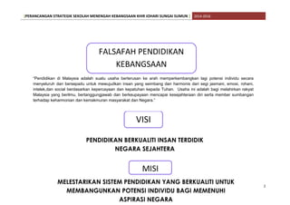 [PERANCANGAN STRATEGIK SEKOLAH MENENGAH KEBANGSAAN KHIR JOHARI SUNGAI SUMUN ] 2014-2016
2
MISI
VISI
PENDIDIKAN BERKUALITI INSAN TERDIDIK
NEGARA SEJAHTERA
“Pendidikan di Malaysia adalah suatu usaha berterusan ke arah memperkembangkan lagi potensi individu secara
menyeluruh dan bersepadu untuk mewujudkan insan yang seimbang dan harmonis dari segi jasmani, emosi, rohani,
intelek,dan social berdasarkan kepercayaan dan kepatuhan kepada Tuhan. Usaha ini adalah bagi melahirkan rakyat
Malaysia yang berilmu, bertanggungjawab dan berkeupayaan mencapai kesejahteraan diri serta member sumbangan
terhadap keharmonian dan kemakmuran masyarakat dan Negara.”
MELESTARIKAN SISTEM PENDIDIKAN YANG BERKUALITI UNTUK
MEMBANGUNKAN POTENSI INDIVIDU BAGI MEMENUHI
ASPIRASI NEGARA
FALSAFAH PENDIDIKAN
KEBANGSAAN
 