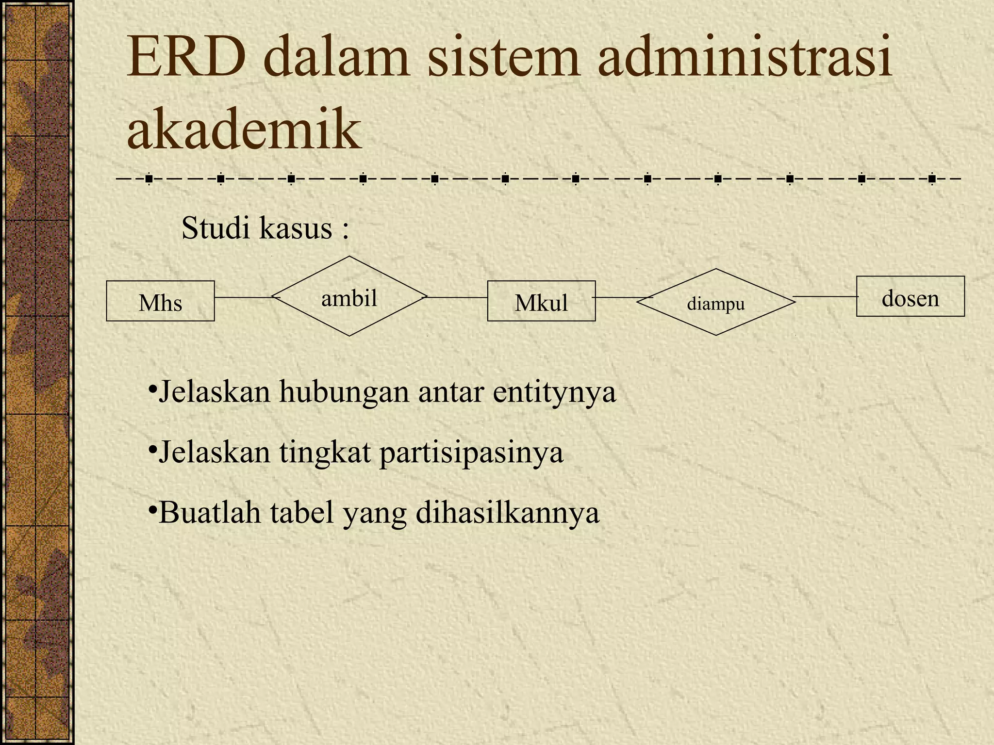 ERD dalam sistem administrasi
akademik
  Studi kasus :

Mhs          ambil          Mkul     diampu   dosen


•Jelaskan hubungan antar entitynya
•Jelaskan tingkat partisipasinya
•Buatlah tabel yang dihasilkannya
 