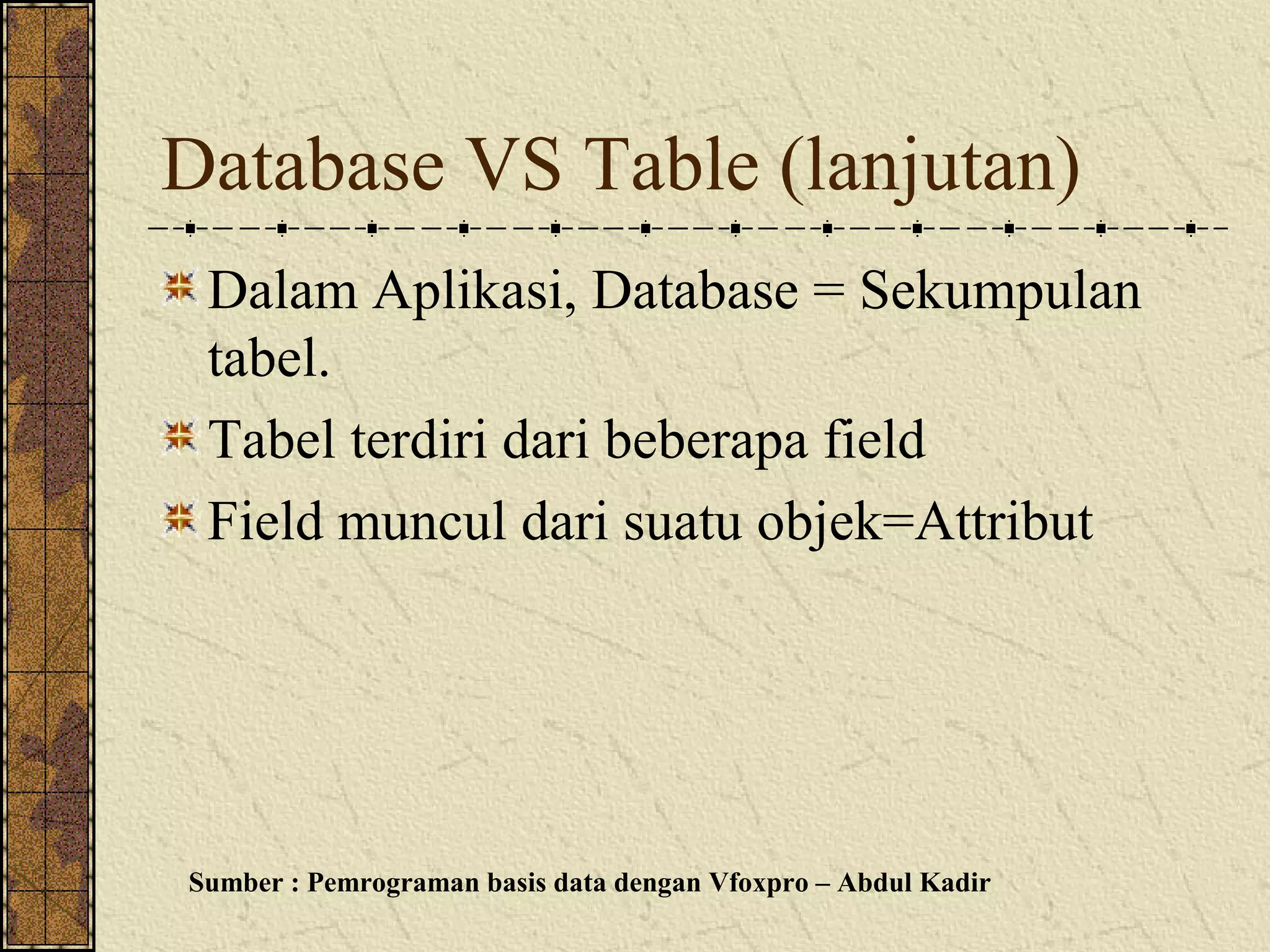 Database VS Table (lanjutan)
 Dalam Aplikasi, Database = Sekumpulan
 tabel.
 Tabel terdiri dari beberapa field
 Field muncul dari suatu objek=Attribut




Sumber : Pemrograman basis data dengan Vfoxpro – Abdul Kadir
 