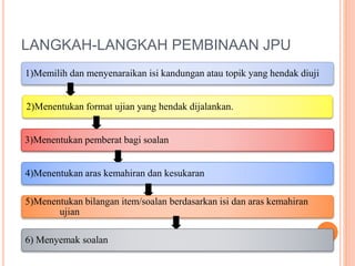 LANGKAH-LANGKAH PEMBINAAN JPU
1)Memilih dan menyenaraikan isi kandungan atau topik yang hendak diuji
2)Menentukan format ujian yang hendak dijalankan.
3)Menentukan pemberat bagi soalan
4)Menentukan aras kemahiran dan kesukaran
5)Menentukan bilangan item/soalan berdasarkan isi dan aras kemahiran
ujian
6) Menyemak soalan
 