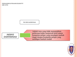 INDEKS
DISKRIMINASI
PENGUKURAN & PENILAIAN DALAM PTV
MBE 22703
Item tidak mendiskriminasi
Adalah item yang tidak menunjukkan
perbezaan kadar menjawab betul antara
kumpulan pelajar yang mendapat markah
tinggi dengan kumpulan pelajar yang
mendapat markah rendah
 