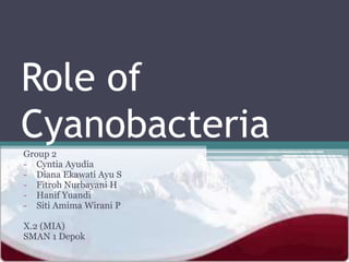 Role of
Cyanobacteria
Group 2
- Cyntia Ayudia
- Diana Ekawati Ayu S
- Fitroh Nurbayani H
- Hanif Yuandi
- Siti Amima Wirani P
X.2 (MIA)
SMAN 1 Depok

 
