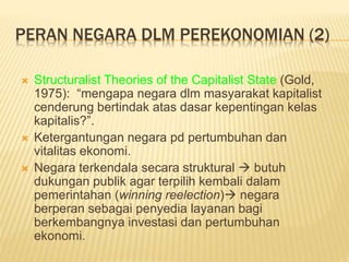 PERAN NEGARA DLM PEREKONOMIAN (2)
 Structuralist Theories of the Capitalist State (Gold,
1975): “mengapa negara dlm masyarakat kapitalist
cenderung bertindak atas dasar kepentingan kelas
kapitalis?”.
 Ketergantungan negara pd pertumbuhan dan
vitalitas ekonomi.
 Negara terkendala secara struktural  butuh
dukungan publik agar terpilih kembali dalam
pemerintahan (winning reelection) negara
berperan sebagai penyedia layanan bagi
berkembangnya investasi dan pertumbuhan
ekonomi.
 