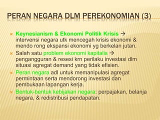 PERAN NEGARA DLM PEREKONOMIAN (3)
 Keynesianism & Ekonomi Politik Krisis 
intervensi negara utk mencegah krisis ekonomi &
mendo rong ekspansi ekonomi yg berkelan jutan.
 Salah satu problem ekonomi kapitalis 
pengangguran & resesi krn perilaku investasi dlm
situasi agregat demand yang tidak efisien.
 Peran negara adl untuk memanipulasi agregat
permintaan serta mendorong investasi dan
pembukaan lapangan kerja.
 Bentuk-bentuk kebijakan negara: perpajakan, belanja
negara, & redistribusi pendapatan.
 