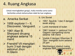 4. Ruang Angkasa
a. Amerika Serikat
 1958 explorer I – II,
Discoverer, Vanguard.
 1961 Alan B.
Sherpard diruang
angkasa selama 15
menit
 Frenshif VII mengitari
bumi 3 kali dengan
astronut Jhon
H.Glenn
b. Uni Soviet
 1957. Sputnik I dan II dengan
awak anjing.
 Lunik mendarat di bulan
 1961 Vostok I + astronut Yuri
Gagarin mengelilingi dunia
selama 108 menit
 Vostok II dengan Gherman S
Titov mengitari bumi selama
25 jam
 Membangun stasiun ruang
angkasa MIR ( perdamaian)
Untuk meningkatkan gengsi, maka mereka sama-sama
berlomba untuk meluncurkan roket ke luar angkasa.
 