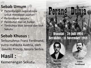 Sebab Umum :
 Pertentangan negaraEropa
untuk mendapat jajahan
 Perlombaan senjata
 Perebutan daerah Balkan
 Timbulnya blok Sentral dan blok
Sekutu

Sebab Khusus :
Terbunuhnya Franz Ferdinand,
putra mahkota Austria, oleh
Gavrilo Princip, teroris Serbia.

Dimulai : 28 Juli 1914
Berakhir : 11 November 1918

Hasil :
Kemenangan Sekutu

Gavrilo
Princip

Franz
Ferdinand

 