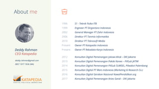 About me
Deddy Rahman
CEO Katapedia
deddy.rahman@gmail.com
0857 1077 7636 (WA)
S1 - Teknik Fisika ITB
Engineer PT Dirgantara Indonesia
General Manager PT Zahir Indonesia
Direktur PT Tanmia Informatika
Direktur PT Teknosoft Media
Owner PT Katapedia Indonesia
Owner PT Rekadata Karya Indonesia
Konsultan Digital Pemenangan Jokowi-Ahok – DKI Jakarta
Konsultan Digital Pemenangan Pakde Karwo – PilGub JATIM
Konsultan Digital Pemenangan PilGub SUMSEL, Pilwakot Palembang
Konsultan Digital PT Mars Indonesia (Marketing & Research Co.)
Konsultan Digital Gerakan Nasional KawalPendidikan.org
Konsultan Digital Pemenangan Anies-Sandi – DKI Jakarta
 