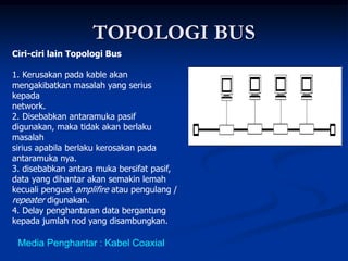 TOPOLOGI BUS
Ciri-ciri lain Topologi Bus
1. Kerusakan pada kable akan
mengakibatkan masalah yang serius
kepada
network.
2. Disebabkan antaramuka pasif
digunakan, maka tidak akan berlaku
masalah
sirius apabila berlaku kerosakan pada
antaramuka nya.
3. disebabkan antara muka bersifat pasif,
data yang dihantar akan semakin lemah
kecuali penguat amplifire atau pengulang /
repeater digunakan.
4. Delay penghantaran data bergantung
kepada jumlah nod yang disambungkan.
Media Penghantar : Kabel Coaxial
 