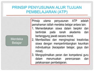PRINSIP PENYUSUNAN ALUR TUJUAN
PEMBELAJARAN (ATP)
Merdeka
Belajar
Prinsip utama penyusunan ATP adalah
pemahaman istilah merdeka belajar antara lain:
1. Memerdekakan siswa dalam berpikir dan
bertindak pada ranah akademis dan
bertanggung jawab secara moral.
2. Memfasilitasi dan menginspirasi kreativitas
siswa dengan mempertimbangkan keunikan
individualnya (kecepatan belajar, gaya dan
minat).
3. Mengoptimalkan peran dan kompetensi guru
dalam merumuskan perencanaan dan
pelaksanaan pembelajaran.
 