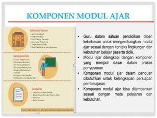 KOMPONEN MODUL AJAR
▪ Guru dalam satuan pendidikan diberi
kebebasan untuk mengembangkan modul
ajar sesuai dengan konteks lingkungan dan
kebutuhan belajar peserta didik.
▪ Modul ajar dilengkapi dengan komponen
yang menjadi dasar dalam proses
penyusunan.
▪ Komponen modul ajar dalam panduan
dibutuhkan untuk kelengkapan persiapan
pembelajaran.
▪ Komponen modul ajar bisa ditambahkan
sesuai dengan mata pelajaran dan
kebutuhan.
 