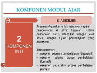 Asesmen digunakan untuk mengukur capaian
pembelajaran di akhir kegiatan. Kriteria
pencapaian harus ditentukan dengan jelas
sesuai dengan tujuan pembelajaran yang
ditetapkan.
Jenis asesmen:
▪ Asesmen sebelum pembelajaran (diagnostik)
▪ Asesmen selama proses pembelajaran
(formatif)
▪ Asesmen pada akhir proses pembelajaran
(sumatif).
KOMPONEN MODUL AJAR
E. ASESMEN
2
KOMPONEN
INTI
 