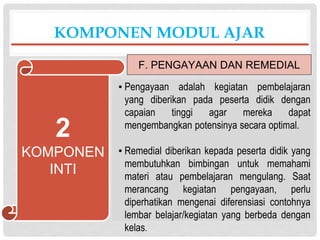 ▪ Pengayaan adalah kegiatan pembelajaran
yang diberikan pada peserta didik dengan
capaian tinggi agar mereka dapat
mengembangkan potensinya secara optimal.
▪ Remedial diberikan kepada peserta didik yang
membutuhkan bimbingan untuk memahami
materi atau pembelajaran mengulang. Saat
merancang kegiatan pengayaan, perlu
diperhatikan mengenai diferensiasi contohnya
lembar belajar/kegiatan yang berbeda dengan
kelas.
KOMPONEN MODUL AJAR
F. PENGAYAAN DAN REMEDIAL
2
KOMPONEN
INTI
 