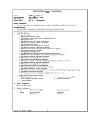Sajidin.Doc /Kelas 8/SEM 2 FISIK20
RENCANA PELAKSANAAN PEMBELAJARAN
(RPP)
Sekolah : SMP Negeri 1 Bancar
Kelas / Semester : VIII (Delapan) / II (Dua)
Mata Pelajaran : Fisika-Kimia
Alokasi waktu : 6 X 40’ ( 3 X pertemuan )
Standar Kompetensi
6. Memahami konsep dan penerapan getaran, gelombang, dan optika dalam produk teknologi sehari-hari.
Kompetensi Dasar
6.1 Mendeskripsikan konsep getaran dan gelombang serta parameter-parameternya.
A. Tujuan Pembelajaran
 Peserta didik dapat:
1. Menjelaskan pengertian getaran.
2. Menyebutkan contoh getaran dalam kehidupan sehari-hari.
3. Mengamati getaran.
4. Membedakan antara simpangan dan amplitudo.
5. Menjelaskan pengertian periode suatu getaran.
6. Menentukan periode getaran.
7. Mengamati kaitan antara periode dan amplitudo.
8. Menjelaskan pengertian frekuensi suatu getaran.
9. Menjelaskan hubungan antara periode dan frekuensi suatu getaran.
10. Menjelaskan pengertian gelombang.
11. Mengamati gelombang pada tali.
12. Menjelaskan gelombang membawa energi selama perambatannya.
13. Membedakan antara gelombang mekanik dan gelombang elektromagnetik.
14. Menjelaskan pengertian gelombang transversal.
15. Menyebutkan contoh gelombang transversal.
16. Mengamati gelombang transversal pada slinki.
17. Menjelaskan pengertian istilah-istilah yang berkaitan dengan gelombang transversal.
18. Menjelaskan pengertian gelombang longitudinal.
19. Menyebutkan contoh gelombang longitudinal.
20. Mengamati gelombang longitudinal pada slinki.
21. Menjelaskan pengertian kecepatan rambat gelombang.
22. Menjelaskan pengertian panjang gelombang.
23. Menjelaskan hubungan antara periode, frekuensi, cepat rambat gelombang, dan panjang gelombang.
24. Menjelaskan pemantulan gelombang.
25. Menjelaskan penerapan konsep gelombang dalam kehidupan sehari-hari.
 Peserta didik diharapkan memiliki karakter:
1. Disiplin (discipline) 4. Tanggung jawab (responsibility)
2. Rasa hormat dan perhatian (respect) 5. Ketelitian (carefulness)
3. Tekun (diligence)
B. Materi Pembelajaran
Getaran dan Gelombang
C. Metode Pembelajaran
1. Model : - Direct Instruction (DI) - Cooperative Learning
2. Metode : - Diskusi kelompok - Eksperimen
- Observasi - Ceramah
 