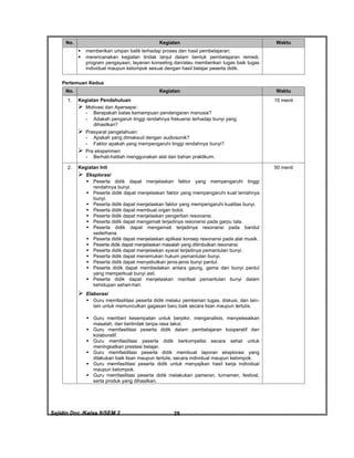 Sajidin.Doc /Kelas 8/SEM 2 FISIK28
No. Kegiatan Waktu
 memberikan umpan balik terhadap proses dan hasil pembelajaran;
 merencanakan kegiatan tindak lanjut dalam bentuk pembelajaran remedi,
program pengayaan, layanan konseling dan/atau memberikan tugas baik tugas
individual maupun kelompok sesuai dengan hasil belajar peserta didik.
Pertemuan Kedua
No. Kegiatan Waktu
1. Kegiatan Pendahuluan
 Motivasi dan Apersepsi:
- Berapakah batas kemampuan pendengaran manusia?
- Adakah pengaruh tinggi rendahnya frekuensi terhadap bunyi yang
dihasilkan?
 Prasyarat pengetahuan:
- Apakah yang dimaksud dengan audiosonik?
- Faktor apakah yang mempengaruhi tinggi rendahnya bunyi?
 Pra eksperimen:
- Berhati-hatilah menggunakan alat dan bahan praktikum.
15 menit
2. Kegiatan Inti
 Eksplorasi
 Peserta didik dapat menjelaskan faktor yang mempengaruhi tinggi
rendahnya bunyi.
 Peserta didik dapat menjelaskan faktor yang mempengaruhi kuat lemahnya
bunyi.
 Peserta didik dapat menjelaskan faktor yang mempengaruhi kualitas bunyi.
 Peserta didik dapat membuat organ botol.
 Peserta didik dapat menjelaskan pengertian resonansi.
 Peserta didik dapat mengamati terjadinya resonansi pada garpu tala.
 Peserta didik dapat mengamati terjadinya resonansi pada bandul
sederhana.
 Peserta didik dapat menjelaskan aplikasi konsep resonansi pada alat musik.
 Peserta didik dapat menjelaskan masalah yang ditimbulkan resonansi.
 Peserta didik dapat menjelaskan syarat terjadinya pemantulan bunyi.
 Peserta didik dapat menemukan hukum pemantulan bunyi.
 Peserta didik dapat menyebutkan jenis-jenis bunyi pantul.
 Peserta didik dapat membedakan antara gaung, gema dan bunyi pantul
yang memperkuat bunyi asli.
 Peserta didik dapat menjelaskan manfaat pemantulan bunyi dalam
kehidupan sehari-hari.
 Elaborasi
 Guru memfasilitasi peserta didik melalui pemberian tugas, diskusi, dan lain-
lain untuk memunculkan gagasan baru baik secara lisan maupun tertulis.
 Guru memberi kesempatan untuk berpikir, menganalisis, menyelesaikan
masalah, dan bertindak tanpa rasa takut.
 Guru memfasilitasi peserta didik dalam pembelajaran kooperatif dan
kolaboratif.
 Guru memfasilitasi peserta didik berkompetisi secara sehat untuk
meningkatkan prestasi belajar.
 Guru memfasilitasi peserta didik membuat laporan eksplorasi yang
dilakukan baik lisan maupun tertulis, secara individual maupun kelompok.
 Guru memfasilitasi peserta didik untuk menyajikan hasil kerja individual
maupun kelompok.
 Guru memfasilitasi peserta didik melakukan pameran, turnamen, festival,
serta produk yang dihasilkan.
50 menit
 