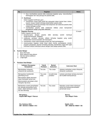 Sajidin.Doc /Kelas 8/SEM 2 FISIK29
No. Kegiatan Waktu
 Guru memfasilitasi peserta didik melakukan kegiatan yang menumbuhkan
kebanggaan dan rasa percaya diri peserta didik.
 Konfirmasi
Dalam kegiatan konfirmasi, guru:
 memberikan umpan balik positif dan penguatan dalam bentuk lisan, tulisan,
isyarat, maupun hadiah terhadap keberhasilan peserta didik,
 memberikan konfirmasi terhadap hasil eksplorasi dan elaborasi peserta didik
melalui berbagai sumber,
 memfasilitasi peserta didik melakukan refleksi untuk memperoleh
pengalaman belajar yang telah dilakukan,
3. Kegiatan Penutup
Dalam kegiatan penutup, guru:
 bersama-sama dengan peserta didik dan/atau sendiri membuat
rangkuman/simpulan pelajaran;
 melakukan penilaian dan/atau refleksi terhadap kegiatan yang sudah
dilaksanakan secara konsisten dan terprogram;
 memberikan umpan balik terhadap proses dan hasil pembelajaran;
 merencanakan kegiatan tindak lanjut dalam bentuk pembelajaran remedi,
program pengayaan, layanan konseling dan/atau memberikan tugas baik tugas
individual maupun kelompok sesuai dengan hasil belajar peserta didik.
15 menit
E. Sumber Belajar
a. Buku IPA Fisika
b. Buku referensi yang relevan
c. Alat dan bahan praktikum
d. Lingkungan
F. Penilaian Hasil Belajar
Indikator Pencapaian
Kompetensi
Teknik
Penilaian
Bentuk
Instrumen
Instrumen/ Soal
Membedakan infrasonik,
ultrasonik dan audiosonik
Tes tulis Tes uraian Jelaskan perbedaan antara infrasonik,
ultrasonik, audiosonik.
Memaparkan karakteristik
gelombang bunyi
Menunjukkan gejala resonansi
dalam kehidupan sehari-hari.
Merencanakan percobaan untuk
mengukur laju bunyi
Tes unjuk
kerja
Uji petik kerja
prosedur
Lakukan percobaan tentang resonansi
dan buatlah kesimpulannya.
Memberikan contoh pemanfaatan
dan dampak pemantulan bunyi
dalam dalam kehidupan sehari-
hari dan teknologi
Tes tulis Tes uraian Sebutkan contoh dalam kehidupan
sehari-hari tentang pemanfaatan
pemantulan bunyi.
Mengetahui, Bancar,
Kepala SMP Negeri 1 Bancar Guru Mapel. Fisika
Drs. Sutrisno. M.Si. Sajidin, S.Pd
NIP. 19610413 198803 1 013 NIP. 19660102 199001 1 00
 