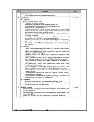 Sajidin.Doc /Kelas 8/SEM 2 FISIK37
No. Kegiatan Waktu
 Pra eksperimen:
- Berhati-hatilah menggunakan peralatan laboratorium.
2. Kegiatan Inti
 Eksplorasi
Dalam kegiatan eksplorasi, guru:
 menjelaskan pengertian alat optik.
 menjelaskan fungsi bagian-bagian mata sebagai alat optik.
 menggambarkan pembentukan bayangan benda pada retina.
 menjelaskan daya akomodasi mata.
 melibatkan peserta didik mencari informasi yang luas dan dalam tentang
topik/tema materi yang akan dipelajari dengan menerapkan prinsip alam
takambang jadi guru dan belajar dari aneka sumber;
 menggunakan beragam pendekatan pembelajaran, media pembelajaran,
dan sumber belajar lain;
 memfasilitasi terjadinya interaksi antarpeserta didik serta antara peserta
didik dengan guru, lingkungan, dan sumber belajar lainnya;
 melibatkan peserta didik secara aktif dalam setiap kegiatan pembelajaran;
dan
 memfasilitasi peserta didik melakukan percobaan di laboratorium, studio,
atau lapangan.
 Elaborasi
 Peserta didik memperhatikan penjelasan guru mengenai fungsi bagian-
bagian mata sebagai alat optik.
 Peserta didik memperhatikan proses pembentukan bayangan benda pada
retina yang disampaikan oleh guru.
 Perwakilan peserta didik diminta untuk menjelaskan pengertian daya
akomodasi mata.
 Peserta didik mendiskusikan dengan kelompoknya mengenai perbedaan
antara titik dekat (punctum proksimum) dan titik jauh (punctum remotum).
 Guru memfasilitasi peserta didik dalam pembelajaran kooperatif dan
kolaboratif.
 Guru memfasilitasi peserta didik berkompetisi secara sehat untuk
meningkatkan prestasi belajar.
 Guru memfasilitasi peserta didik membuat laporan eksplorasi yang
dilakukan baik lisan maupun tertulis, secara individual maupun kelompok.
 Guru memfasilitasi peserta didik untuk menyajikan hasil kerja individual
maupun kelompok.
 Guru memfasilitasi peserta didik melakukan pameran, turnamen, festival,
serta produk yang dihasilkan.
 Guru memfasilitasi peserta didik melakukan kegiatan yang menumbuhkan
kebanggaan dan rasa percaya diri peserta didik.
 Konfirmasi
 Guru bertanya jawab tentang hal-hal yang belum diketahui siswa
 Guru bersama siswa bertanya jawab meluruskan kesalahan pemahaman,
memberikan penguatan dan penyimpulan
50 menit
3. Kegiatan Penutup
 Guru memberikan penghargaan kepada kelompok yang memiliki kinerja dan
kerjasama yang baik.
 Guru memberikan penghargaan kepada kelompok yang memiliki kinerja dan
kerjasama yang baik.
 Peserta didik (dibimbing oleh guru) berdiskusi untuk membuat rangkuman.
15 menit
 