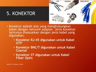 5. KONEKTOR
• Konektor adalah alat yang menghubungkan
kabel dengan network adapter. Jenis konektor
tentunya disesuaikan dengan jenis kabel yang
digunakan.
• Konektor RJ-45 digunakan untuk Kabel
UTP
• Konektor BNC/T digunakan untuk Kabel
Coaxial
• Konektor ST digunakan untuk Kabel
Fiber Optic
Jimmi H.P. Sitorus, S.Kom
 