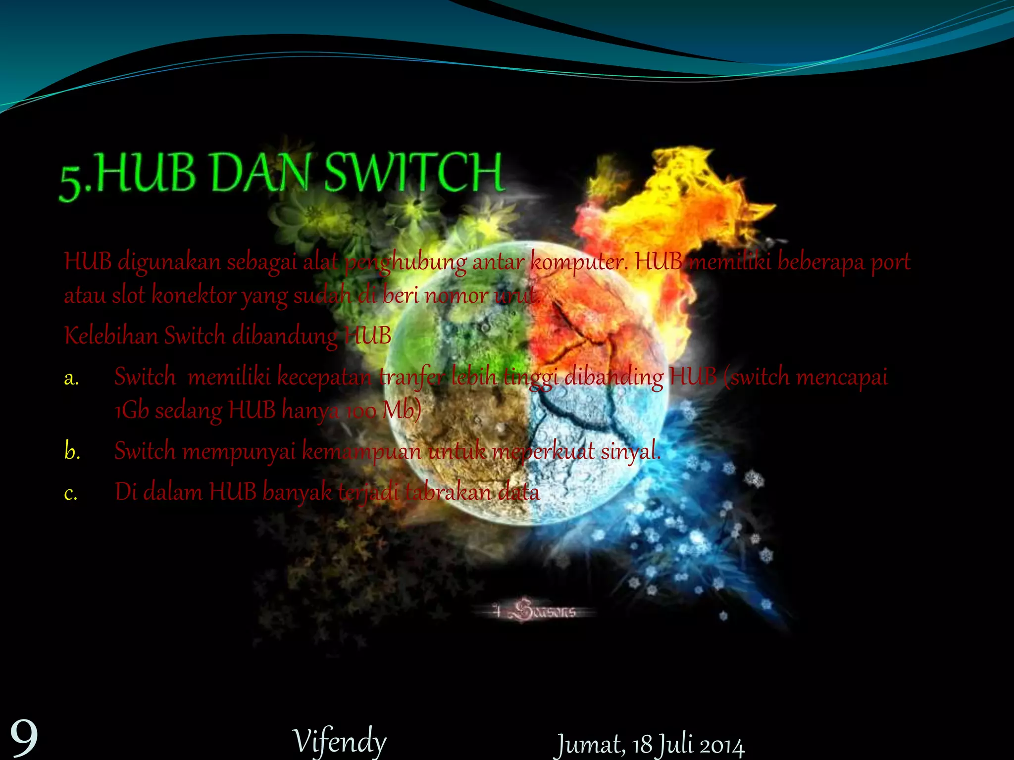 HUB digunakan sebagai alat penghubung antar komputer. HUB memiliki beberapa port
atau slot konektor yang sudah di beri nomor urut.
Kelebihan Switch dibandung HUB
a. Switch memiliki kecepatan tranfer lebih tinggi dibanding HUB (switch mencapai
1Gb sedang HUB hanya 100 Mb)
b. Switch mempunyai kemampuan untuk meperkuat sinyal.
c. Di dalam HUB banyak terjadi tabrakan data
Jumat, 18 Juli 20149 Vifendy
 