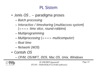 PL Sistem
• Jenis OS , ~ paradigma proses
  – Batch processing
  – Interactive / timesharing [multiaccess system]
    (<==> time slice, round-robbins)
  – Multiprogramming
  – Multiprocessing (<==> multicomputer)
  – Real time
  – Network (NOS)
• Contoh OS
  – CP/M, OS/MFT, DOS, Mac OS, Unix, Windows
                      IF-ITB/SWP/Agustus03         Page 14
             IF1101 - PERANGKAT LUNAK (software)
 