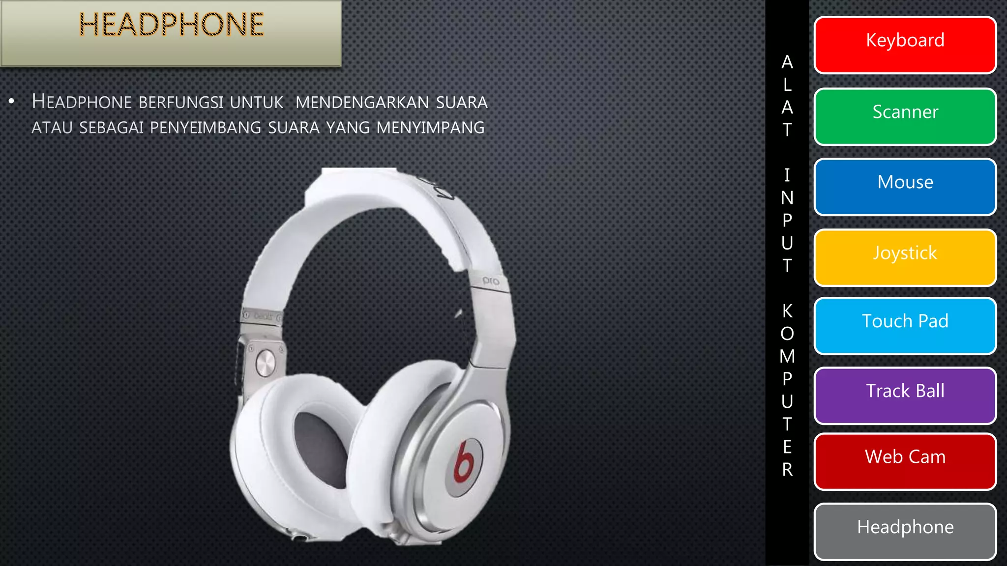 Keyboard 
Scanner 
Mouse 
Joystick 
Touch Pad 
Track Ball 
Web Cam 
Headphone 
A 
L 
A 
T 
I 
N 
P 
U 
T 
K 
O 
M 
P 
U 
T 
E 
R 
• 
