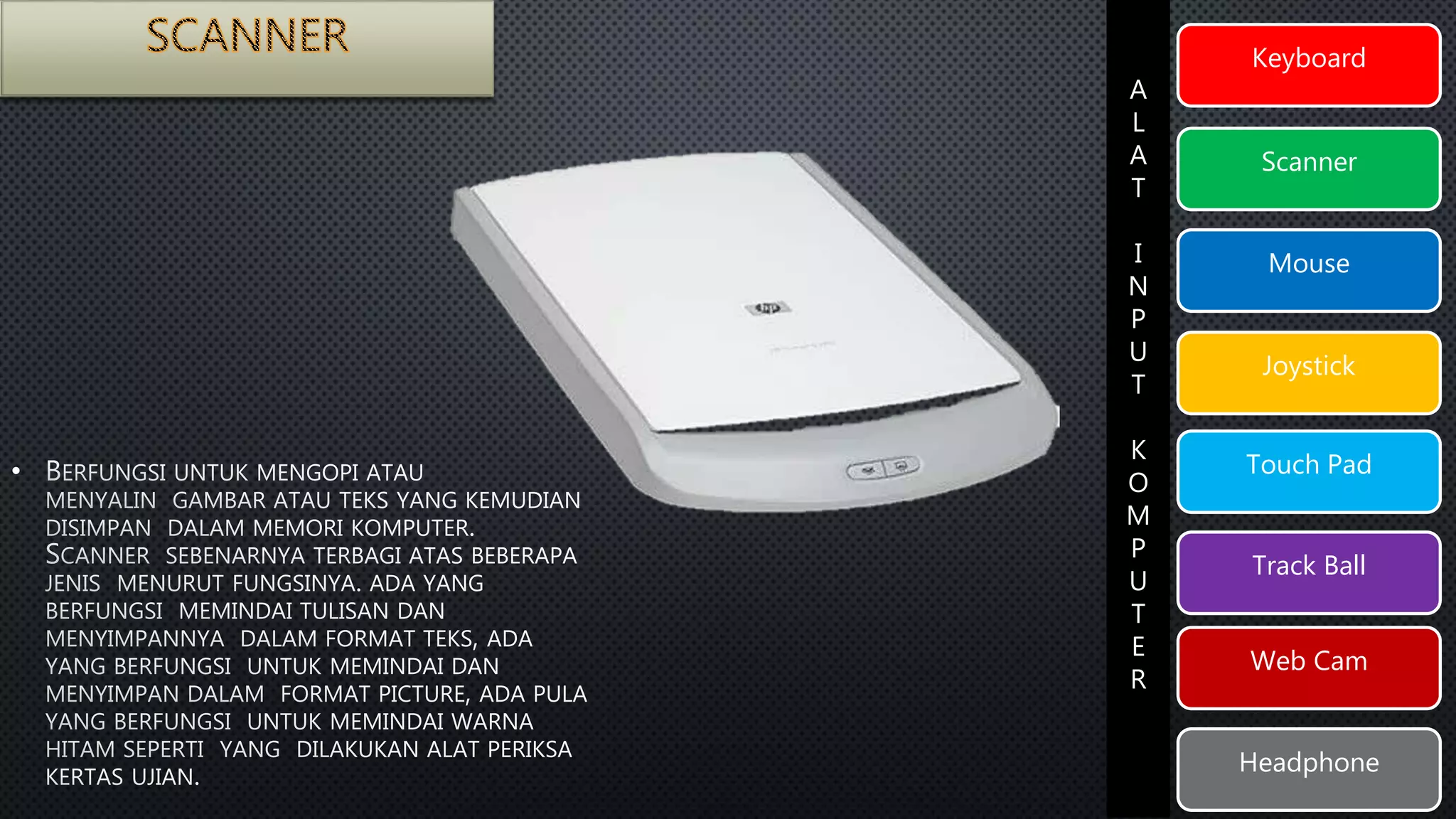 Keyboard 
Scanner 
Mouse 
Joystick 
Touch Pad 
Track Ball 
Web Cam 
Headphone 
A 
L 
A 
T 
I 
N 
P 
U 
T 
K 
O 
M 
P 
U 
T 
E 
R 
• 
 