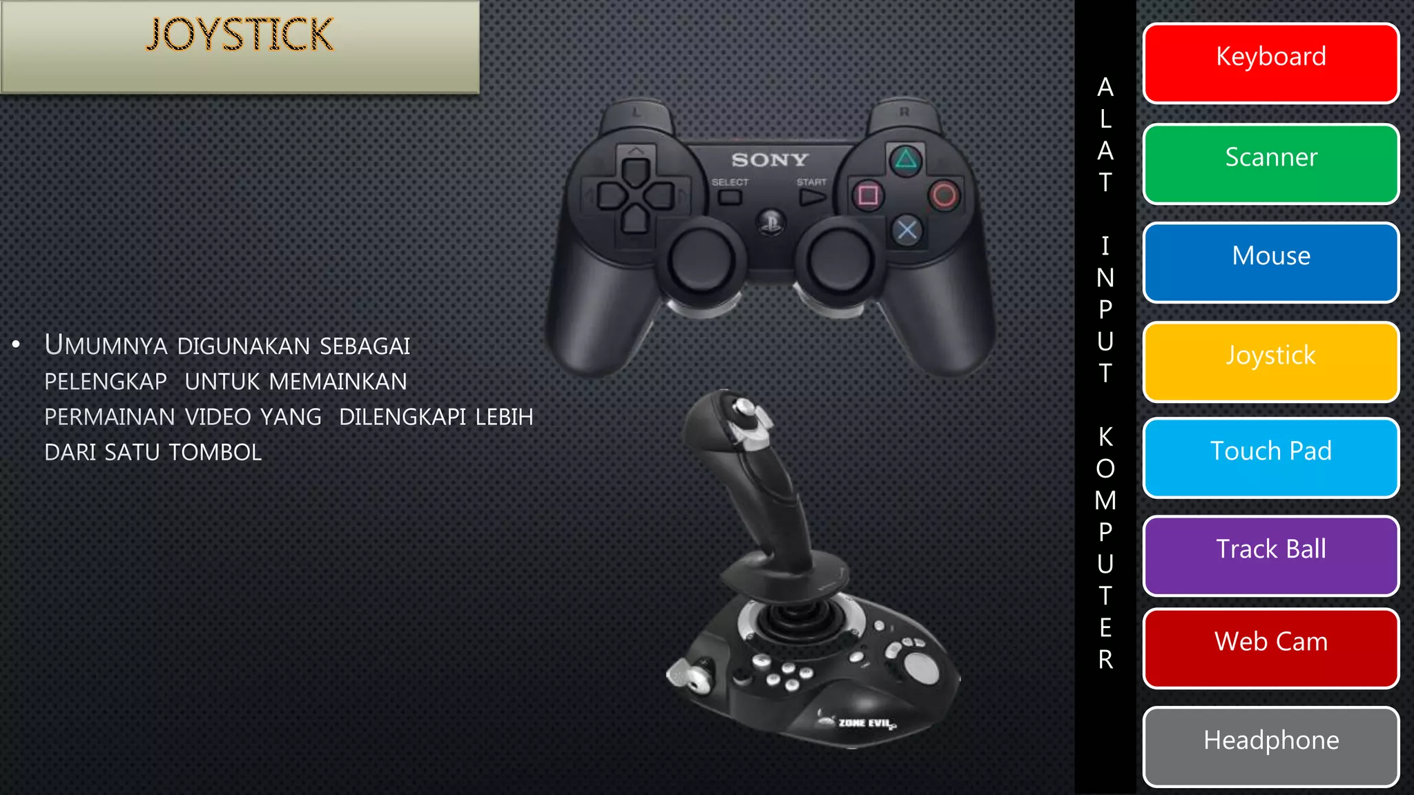 Keyboard 
Scanner 
Mouse 
Joystick 
Touch Pad 
Track Ball 
Web Cam 
Headphone 
A 
L 
A 
T 
I 
N 
P 
U 
T 
K 
O 
M 
P 
U 
T 
E 
R 
• 
 