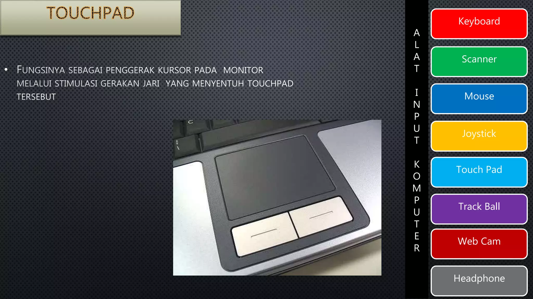 Keyboard 
Scanner 
Mouse 
Joystick 
Touch Pad 
Track Ball 
Web Cam 
Headphone 
A 
L 
A 
T 
I 
N 
P 
U 
T 
K 
O 
M 
P 
U 
T 
E 
R 
• 
 