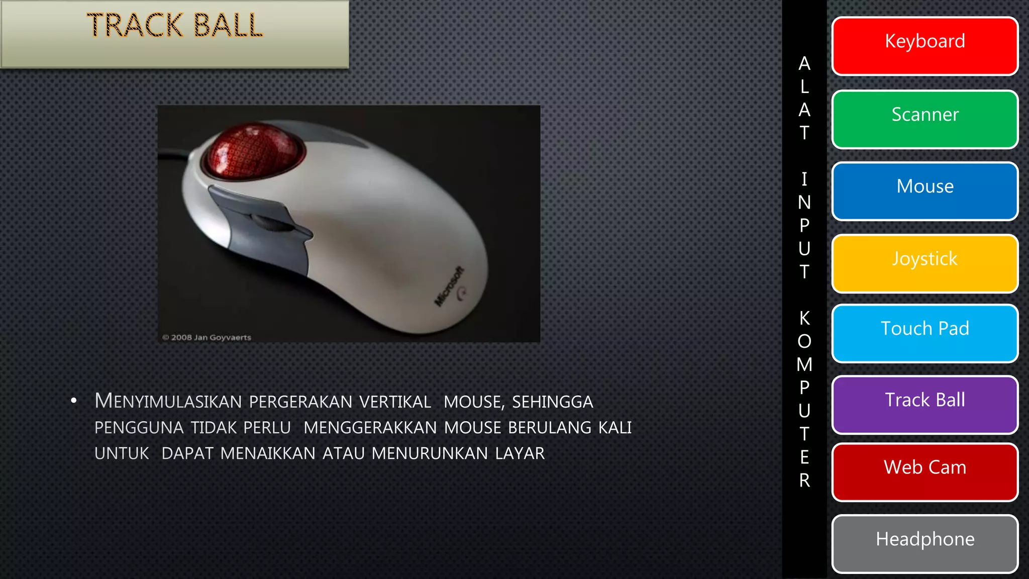 Keyboard 
Scanner 
Mouse 
Joystick 
Touch Pad 
Track Ball 
Web Cam 
Headphone 
A 
L 
A 
T 
I 
N 
P 
U 
T 
K 
O 
M 
P 
U 
T 
E 
R 
• 
 