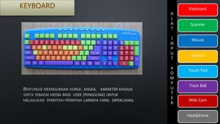 Keyboard 
Scanner 
Mouse 
Joystick 
Touch Pad 
Track Ball 
Web Cam 
Headphone 
A 
L 
A 
T 
I 
N 
P 
U 
T 
K 
O 
M 
P 
U 
T 
E 
R 
 