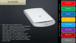 Keyboard 
Scanner 
Mouse 
Joystick 
Touch Pad 
Track Ball 
Web Cam 
Headphone 
A 
L 
A 
T 
I 
N 
P 
U 
T 
K 
O 
M 
P 
U 
T 
E 
R 
• 
 