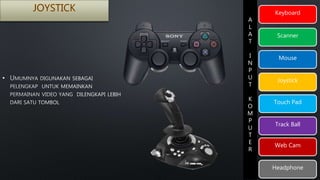 Keyboard 
Scanner 
Mouse 
Joystick 
Touch Pad 
Track Ball 
Web Cam 
Headphone 
A 
L 
A 
T 
I 
N 
P 
U 
T 
K 
O 
M 
P 
U 
T 
E 
R 
• 
 