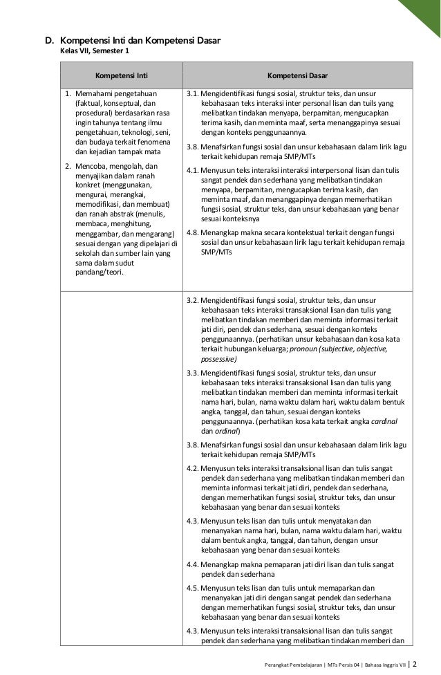 Perangkat pembelajaran rpp rpp bahasa inggris smp Perangkat Pembelajaran Bahasa Inggris Kelas 7 Kurikulum 2013