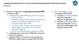 1) Perguruan tinggi dalam mengimplementasikan SPMI
mempunyai tugas:
a. menetapkan perangkat SPMI yang minimal mencakup:
1. kebijakan SPMI;
2. pedoman penerapan siklus penetapan, pelaksanaan,
evaluasi, pengendalian, peningkatan standar
pendidikan tinggi dalam SPMI;
3. standar dan/atau kriteria, norma, acuan mutu
penyelenggaraan pendidikan dan pengelolaan
perguruan tinggi; dan
4. tata cara pendokumentasian implementasi SPMI;
b. mengintegrasikan implementasi SPMI pada manajemen
perguruan tinggi; dan
c. mengelola data dan informasi tentang implementasi
SPMI pada tingkat perguruan tinggi melalui PD Dikti.
Pasal 69
2) Pemimpin perguruan tinggi
menetapkan SPMI setelah:
a. mendapat pertimbangan senat
perguruan tinggi bagi
perguruan tinggi negeri; atau
b. mendapat pertimbangan senat
perguruan tinggi dan disetujui
oleh badan penyelenggara bagi
perguruan tinggi swasta.
PERMENDIKBUDRISTEK NO 53 TH 2023 TENTANG PENJAMINAN MUTU PENDIDIKAN TINGGI
 