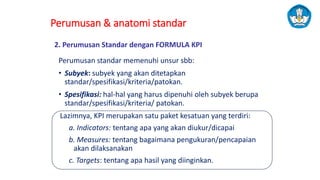Perumusan & anatomi standar
Perumusan standar memenuhi unsur sbb:
• Subyek: subyek yang akan ditetapkan
standar/spesifikasi/kriteria/patokan.
• Spesifikasi: hal-hal yang harus dipenuhi oleh subyek berupa
standar/spesifikasi/kriteria/ patokan.
Lazimnya, KPI merupakan satu paket kesatuan yang terdiri:
a. Indicators: tentang apa yang akan diukur/dicapai
b. Measures: tentang bagaimana pengukuran/pencapaian
akan dilaksanakan
c. Targets: tentang apa hasil yang diinginkan.
2. Perumusan Standar dengan FORMULA KPI
 