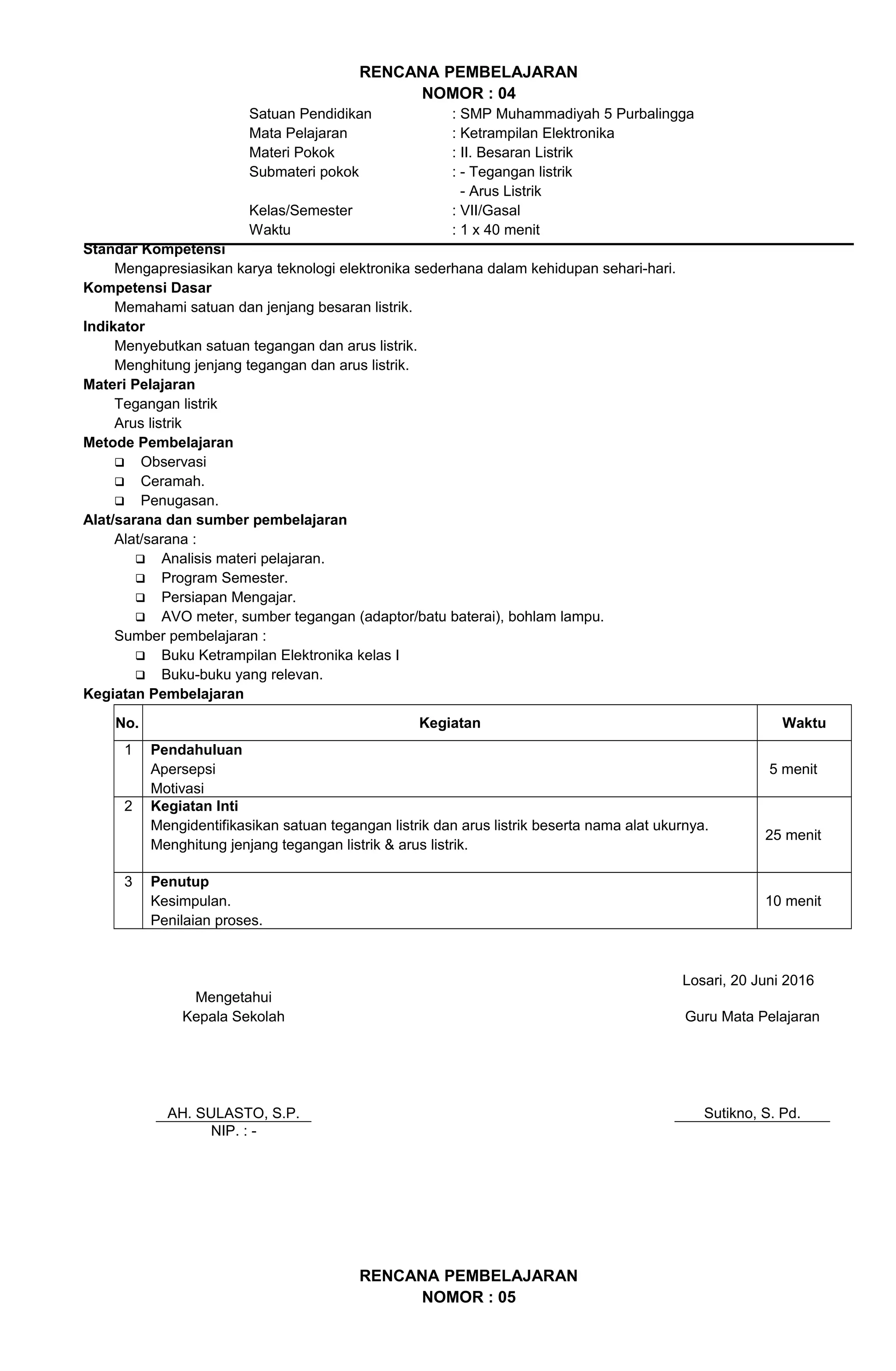 RENCANA PEMBELAJARAN
NOMOR : 04
Satuan Pendidikan : SMP Muhammadiyah 5 Purbalingga
Mata Pelajaran : Ketrampilan Elektronika
Materi Pokok : II. Besaran Listrik
Submateri pokok : - Tegangan listrik
- Arus Listrik
Kelas/Semester : VII/Gasal
Waktu : 1 x 40 menit
Standar Kompetensi
Mengapresiasikan karya teknologi elektronika sederhana dalam kehidupan sehari-hari.
Kompetensi Dasar
Memahami satuan dan jenjang besaran listrik.
Indikator
Menyebutkan satuan tegangan dan arus listrik.
Menghitung jenjang tegangan dan arus listrik.
Materi Pelajaran
Tegangan listrik
Arus listrik
Metode Pembelajaran
 Observasi
 Ceramah.
 Penugasan.
Alat/sarana dan sumber pembelajaran
Alat/sarana :
 Analisis materi pelajaran.
 Program Semester.
 Persiapan Mengajar.
 AVO meter, sumber tegangan (adaptor/batu baterai), bohlam lampu.
Sumber pembelajaran :
 Buku Ketrampilan Elektronika kelas I
 Buku-buku yang relevan.
Kegiatan Pembelajaran
No. Kegiatan Waktu
1 Pendahuluan
Apersepsi
Motivasi
5 menit
2 Kegiatan Inti
Mengidentifikasikan satuan tegangan listrik dan arus listrik beserta nama alat ukurnya.
Menghitung jenjang tegangan listrik & arus listrik.
25 menit
3 Penutup
Kesimpulan.
Penilaian proses.
10 menit
Losari, 20 Juni 2016
Mengetahui
Kepala Sekolah
AH. SULASTO, S.P.
Guru Mata Pelajaran
Sutikno, S. Pd.
NIP. : -
RENCANA PEMBELAJARAN
NOMOR : 05
 