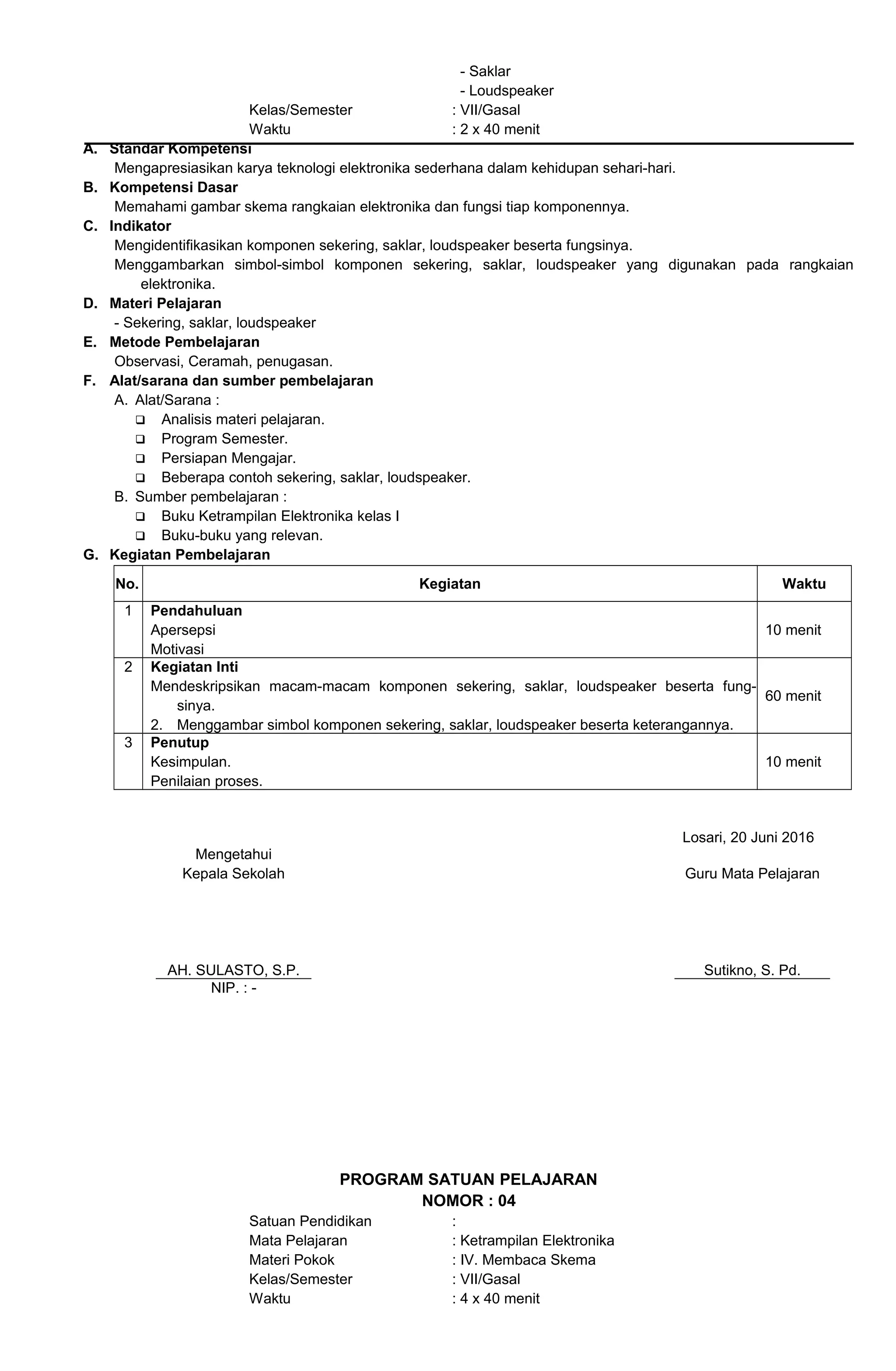 - Saklar
- Loudspeaker
Kelas/Semester : VII/Gasal
Waktu : 2 x 40 menit
A. Standar Kompetensi
Mengapresiasikan karya teknologi elektronika sederhana dalam kehidupan sehari-hari.
B. Kompetensi Dasar
Memahami gambar skema rangkaian elektronika dan fungsi tiap komponennya.
C. Indikator
Mengidentifikasikan komponen sekering, saklar, loudspeaker beserta fungsinya.
Menggambarkan simbol-simbol komponen sekering, saklar, loudspeaker yang digunakan pada rangkaian
elektronika.
D. Materi Pelajaran
- Sekering, saklar, loudspeaker
E. Metode Pembelajaran
Observasi, Ceramah, penugasan.
F. Alat/sarana dan sumber pembelajaran
A. Alat/Sarana :
 Analisis materi pelajaran.
 Program Semester.
 Persiapan Mengajar.
 Beberapa contoh sekering, saklar, loudspeaker.
B. Sumber pembelajaran :
 Buku Ketrampilan Elektronika kelas I
 Buku-buku yang relevan.
G. Kegiatan Pembelajaran
No. Kegiatan Waktu
1 Pendahuluan
Apersepsi
Motivasi
10 menit
2 Kegiatan Inti
Mendeskripsikan macam-macam komponen sekering, saklar, loudspeaker beserta fung-
sinya.
2. Menggambar simbol komponen sekering, saklar, loudspeaker beserta keterangannya.
60 menit
3 Penutup
Kesimpulan.
Penilaian proses.
10 menit
Losari, 20 Juni 2016
Mengetahui
Kepala Sekolah
AH. SULASTO, S.P.
Guru Mata Pelajaran
Sutikno, S. Pd.
NIP. : -
PROGRAM SATUAN PELAJARAN
NOMOR : 04
Satuan Pendidikan :
Mata Pelajaran : Ketrampilan Elektronika
Materi Pokok : IV. Membaca Skema
Kelas/Semester : VII/Gasal
Waktu : 4 x 40 menit
 