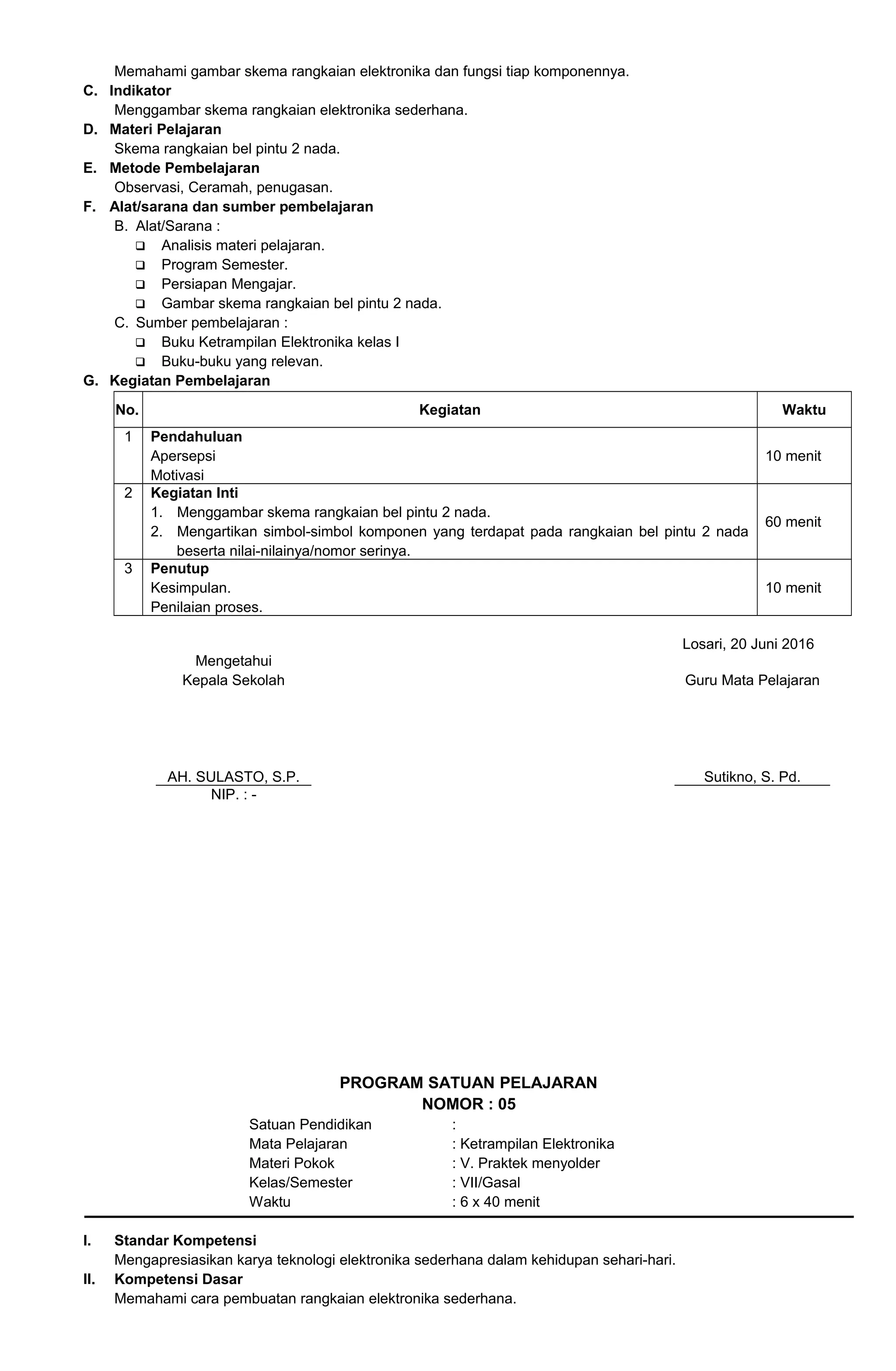 Memahami gambar skema rangkaian elektronika dan fungsi tiap komponennya.
C. Indikator
Menggambar skema rangkaian elektronika sederhana.
D. Materi Pelajaran
Skema rangkaian bel pintu 2 nada.
E. Metode Pembelajaran
Observasi, Ceramah, penugasan.
F. Alat/sarana dan sumber pembelajaran
B. Alat/Sarana :
 Analisis materi pelajaran.
 Program Semester.
 Persiapan Mengajar.
 Gambar skema rangkaian bel pintu 2 nada.
C. Sumber pembelajaran :
 Buku Ketrampilan Elektronika kelas I
 Buku-buku yang relevan.
G. Kegiatan Pembelajaran
No. Kegiatan Waktu
1 Pendahuluan
Apersepsi
Motivasi
10 menit
2 Kegiatan Inti
1. Menggambar skema rangkaian bel pintu 2 nada.
2. Mengartikan simbol-simbol komponen yang terdapat pada rangkaian bel pintu 2 nada
beserta nilai-nilainya/nomor serinya.
60 menit
3 Penutup
Kesimpulan.
Penilaian proses.
10 menit
Losari, 20 Juni 2016
Mengetahui
Kepala Sekolah
AH. SULASTO, S.P.
Guru Mata Pelajaran
Sutikno, S. Pd.
NIP. : -
PROGRAM SATUAN PELAJARAN
NOMOR : 05
Satuan Pendidikan :
Mata Pelajaran : Ketrampilan Elektronika
Materi Pokok : V. Praktek menyolder
Kelas/Semester : VII/Gasal
Waktu : 6 x 40 menit
I. Standar Kompetensi
Mengapresiasikan karya teknologi elektronika sederhana dalam kehidupan sehari-hari.
II. Kompetensi Dasar
Memahami cara pembuatan rangkaian elektronika sederhana.
 