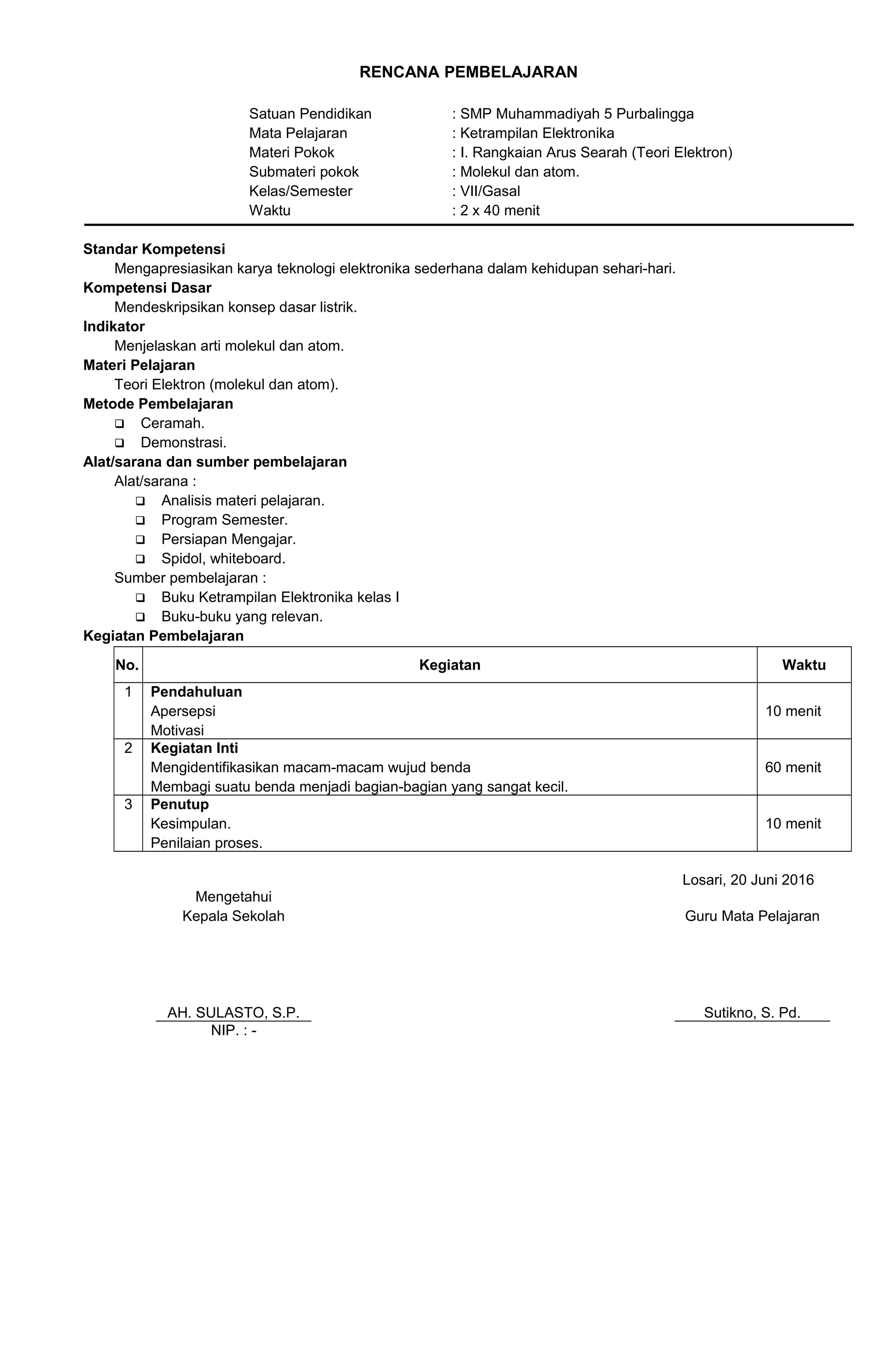 RENCANA PEMBELAJARAN
Satuan Pendidikan : SMP Muhammadiyah 5 Purbalingga
Mata Pelajaran : Ketrampilan Elektronika
Materi Pokok : I. Rangkaian Arus Searah (Teori Elektron)
Submateri pokok : Molekul dan atom.
Kelas/Semester : VII/Gasal
Waktu : 2 x 40 menit
Standar Kompetensi
Mengapresiasikan karya teknologi elektronika sederhana dalam kehidupan sehari-hari.
Kompetensi Dasar
Mendeskripsikan konsep dasar listrik.
Indikator
Menjelaskan arti molekul dan atom.
Materi Pelajaran
Teori Elektron (molekul dan atom).
Metode Pembelajaran
 Ceramah.
 Demonstrasi.
Alat/sarana dan sumber pembelajaran
Alat/sarana :
 Analisis materi pelajaran.
 Program Semester.
 Persiapan Mengajar.
 Spidol, whiteboard.
Sumber pembelajaran :
 Buku Ketrampilan Elektronika kelas I
 Buku-buku yang relevan.
Kegiatan Pembelajaran
No. Kegiatan Waktu
1 Pendahuluan
Apersepsi
Motivasi
10 menit
2 Kegiatan Inti
Mengidentifikasikan macam-macam wujud benda
Membagi suatu benda menjadi bagian-bagian yang sangat kecil.
60 menit
3 Penutup
Kesimpulan.
Penilaian proses.
10 menit
Losari, 20 Juni 2016
Mengetahui
Kepala Sekolah
AH. SULASTO, S.P.
Guru Mata Pelajaran
Sutikno, S. Pd.
NIP. : -
 