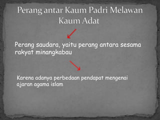 Perang saudara, yaitu perang antara sesama
rakyat minangkabau
Karena adanya perbedaan pendapat mengenai
ajaran agama islam
 