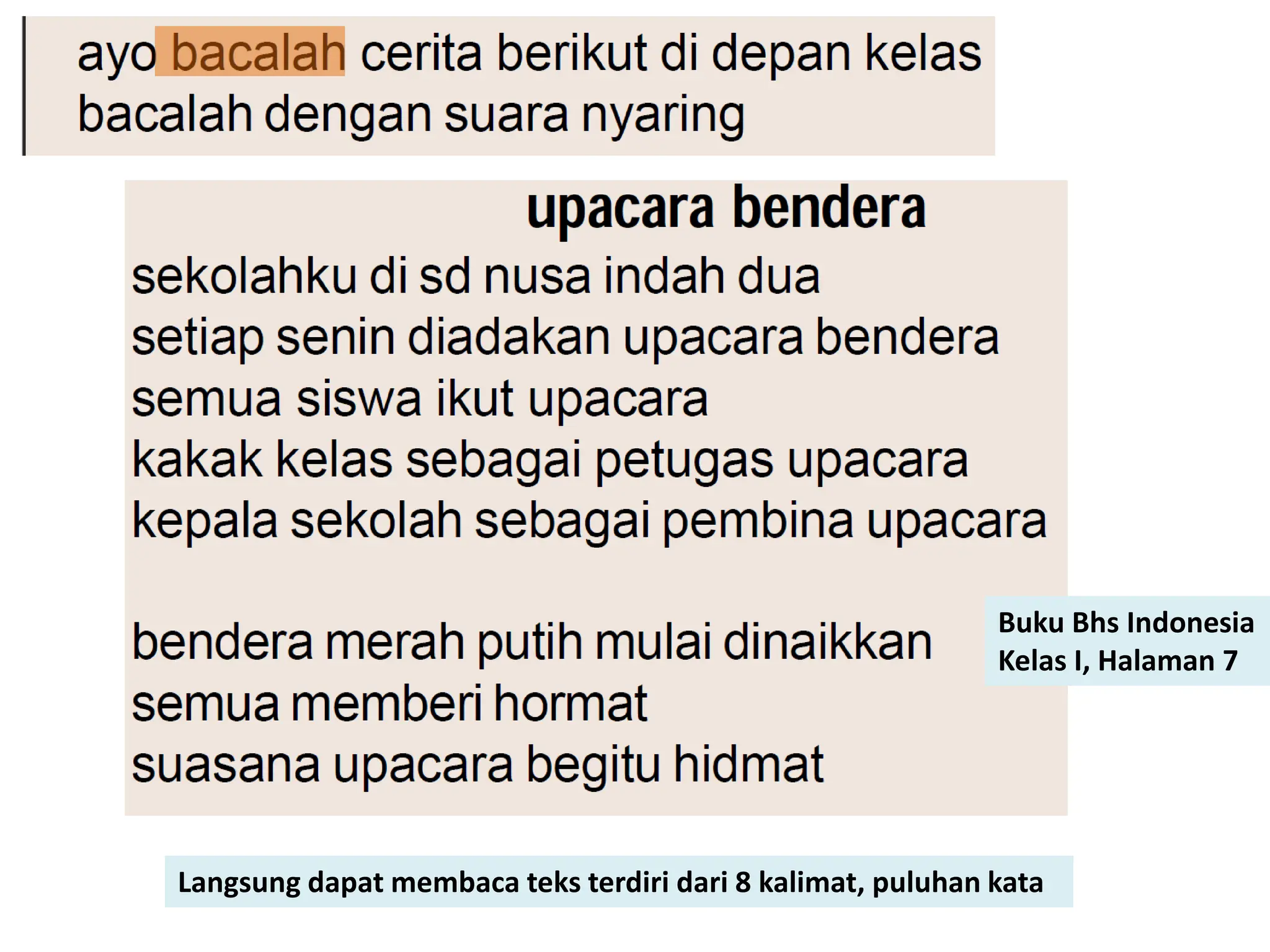 Buku Bhs Indonesia
Kelas I, Halaman 7
Langsung dapat membaca teks terdiri dari 8 kalimat, puluhan kata
 