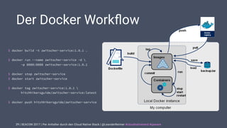 | SEACON 2017 | Per Anhalter durch den Cloud Native Stack | @LeanderReimer #cloudnativenerd #qaware
Der Docker Workﬂow
29
$ docker build -t zwitscher-service:1.0.1 .
$ docker run --name zwitscher-service -d 
-p 8080:8080 zwitscher-service:1.0.1
$ docker stop zwitscher-service
$ docker start zwitscher-service
$ docker tag zwitscher-service:1.0.1 
hitchhikersguide/zwitscher-service:latest
$ docker push hitchhikersguide/zwitscher-service
 