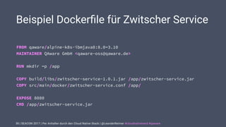 | SEACON 2017 | Per Anhalter durch den Cloud Native Stack | @LeanderReimer #cloudnativenerd #qaware
Beispiel Dockerﬁle für Zwitscher Service
30
FROM qaware/alpine-k8s-ibmjava8:8.0-3.10 
MAINTAINER QAware GmbH <qaware-oss@qaware.de> 
 
RUN mkdir -p /app 
 
COPY build/libs/zwitscher-service-1.0.1.jar /app/zwitscher-service.jar 
COPY src/main/docker/zwitscher-service.conf /app/ 
 
EXPOSE 8080 
CMD /app/zwitscher-service.jar
 